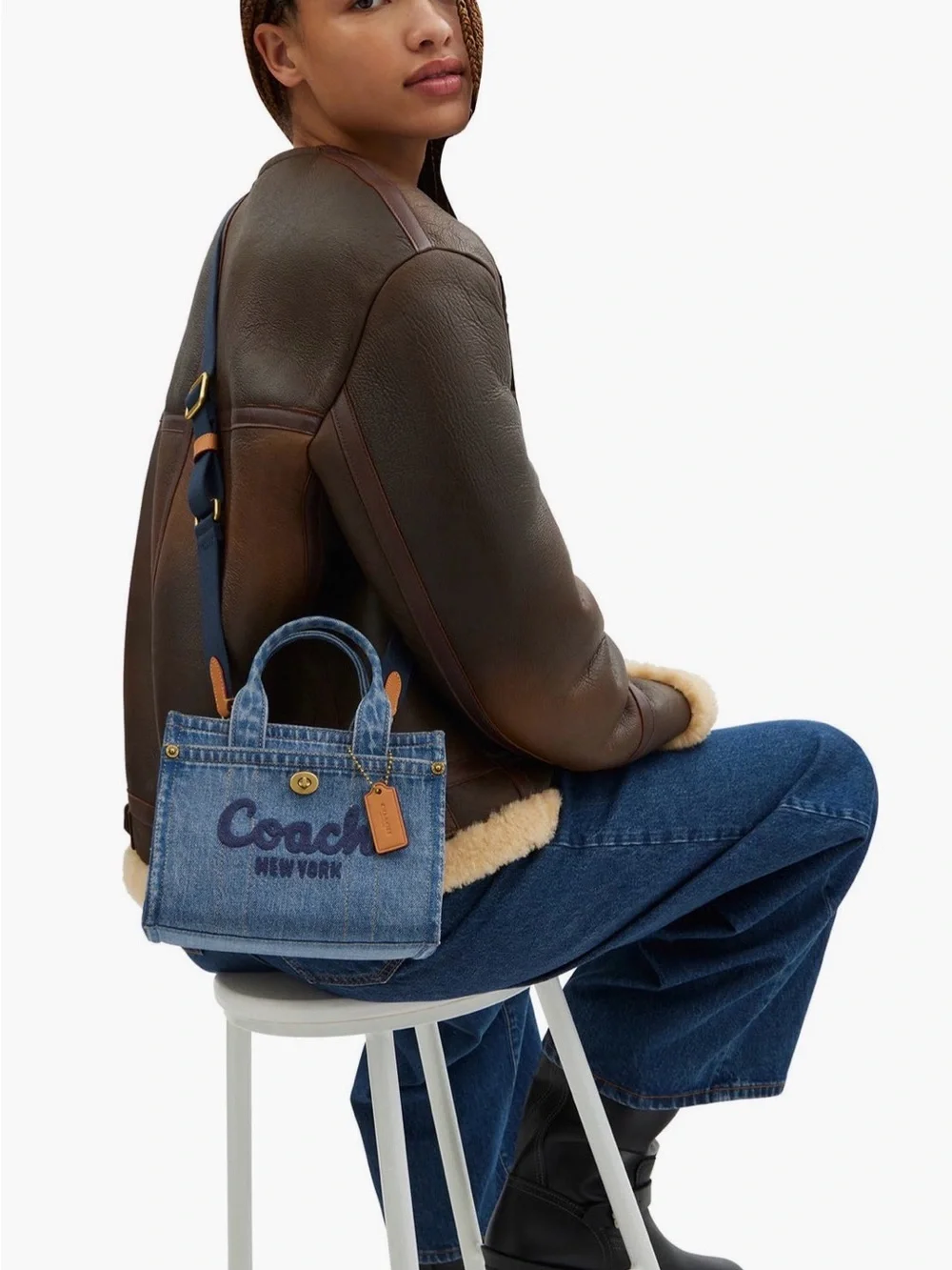 Coach Little Blue Denim Tote with Navy Embroidered Logo and Leather Tag